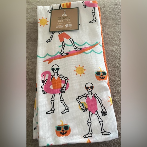 Summerween Skeleton Surfing & Flamingo Float Kitchen Dish Towel - Picture 1 of 3